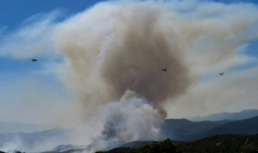 Des Canadair CL-415 de la Sécurité civile en action au-dessus d'un feu de forêt au col des Auzines, près de Trevillach, dans les Pyrénées-Orientales, le 5 juillet 2026l ( AFP / Matthieu RONDEL )