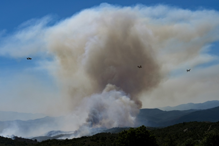 Des Canadair CL-415 de la Sécurité civile en action au-dessus d'un feu de forêt au col des Auzines, près de Trevillach, dans les Pyrénées-Orientales, le 5 juillet 2026l ( AFP / Matthieu RONDEL )
