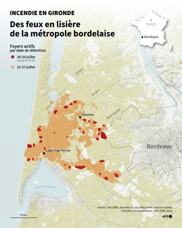 Carte de l'incendie parti le 22 juillet de Saumos (Gironde) ( AFP / Sherine ELSAYARY )