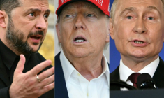 Ce combo montre de gauche à droite le président ukrainien Volodymyr Zelensky à Whasington le 18 août 2025, le président américain Donald Trump le 22 août 2025 à Washington et le président russe Vladimir Poutine à Anchorage, Alaska, le 15 août 2025 ( AFP / Mandel NGAN )