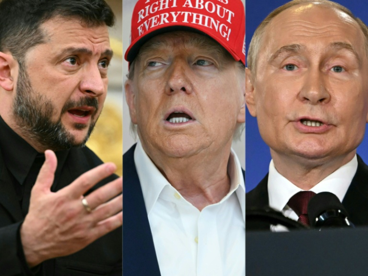 Ce combo montre de gauche à droite le président ukrainien Volodymyr Zelensky à Whasington le 18 août 2025, le président américain Donald Trump le 22 août 2025 à Washington et le président russe Vladimir Poutine à Anchorage, Alaska, le 15 août 2025 ( AFP / Mandel NGAN )