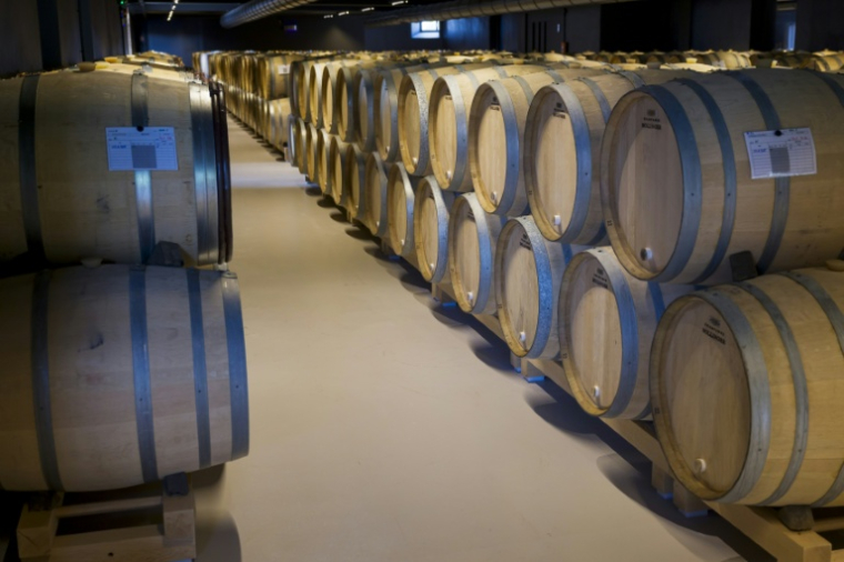 Des fûts de chêne dans la cave de la Maison Bollinger, à Aÿ (Marne), le 18 août 2026 ( AFP / Jean-Christophe VERHAEGEN )