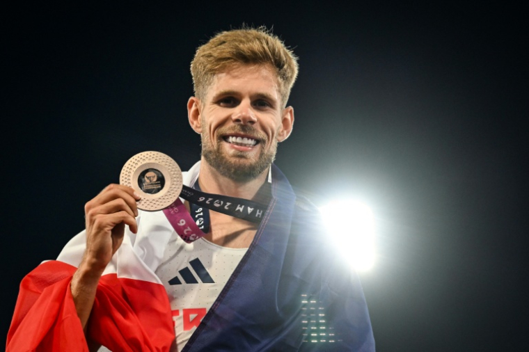 Le Français Jimmy Gressier, médaillé de bronze du 10.000 m aux Championnats d'Europe d'athlétisme, le 15 août 2026 à Birmingham ( AFP / Paul ELLIS )