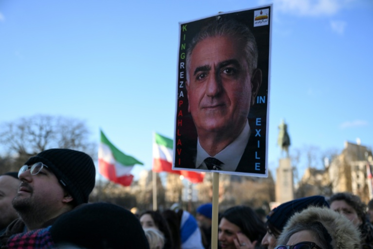 Une manifestation lève une pancarte montrant Reza Pahlavi lors d'une manifestation à Paris le 4 janvier 2026  ( AFP / Blanca CRUZ )