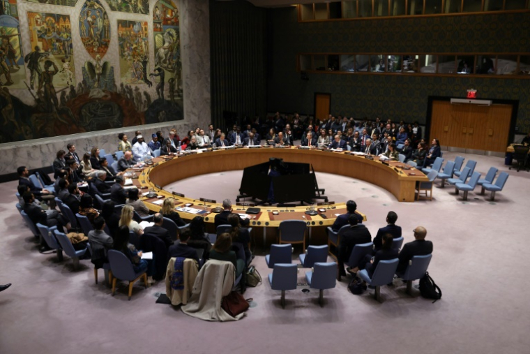 Les représentants auprès des Nations unies votent lors d’une réunion du Conseil de sécurité de l’ONU sur une résolution américaine concernant le plan de paix pour Gaza, au siège de l’ONU à New York, le 17 novembre 2025 ( AFP / ANGELA WEISS )