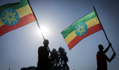 Des recrues de l'armée éthiopienne brandissent le drapeau national à Addis Abeba le 24 novembre 2021 ( AFP / Amanuel Sileshi )