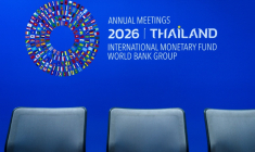 Logo de l'assemblée annuelle du Fonds monétaire international (FMI) à Bangkok, le 9 octobre 2026 ( AFP / Chanakarn LAOSARAKHAM )