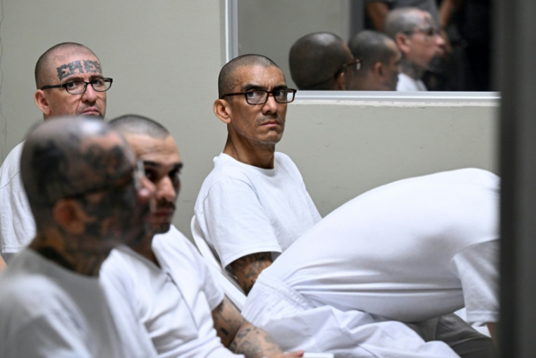 Borromeo Henriquez (à droite), "El Diablito de Hollywood", chef du gang Mara Salvatrucha (MS-13), assiste à une audience par vidéoconférence au Centre de détention des terroristes (CECOT) de Tecoluca, au Salvador, le 23 avril 2026 ( AFP / Marvin RECINOS )