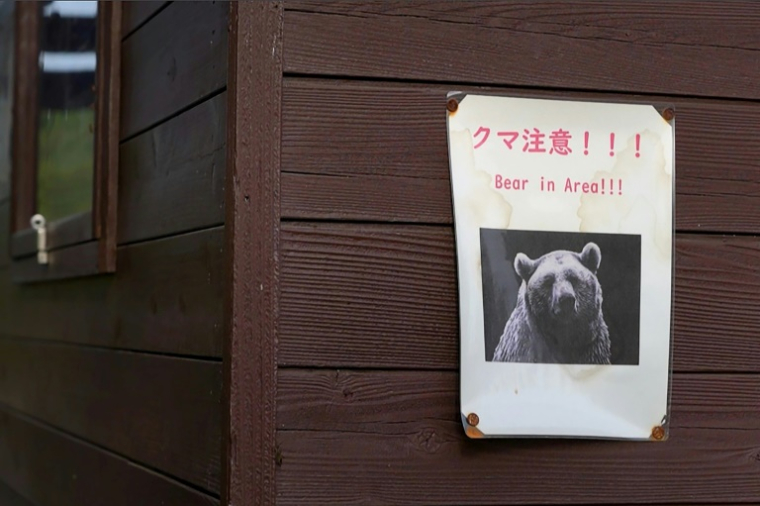 Affichette avertissant de la présence d'ours dans les parages, à Akita, au Japon, le 25 octobre 2025 ( AFPTV / Caroline GARDIN )