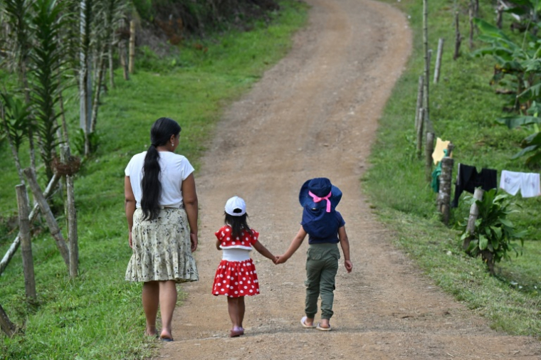 Francia Giraldo, une femme autochtone embera chami et dirigeante communautaire, marche avec ses petites-filles dans une réserve de Pueblo Rico, en Colombie, le 9 avril 2026 ( AFP / Diana SANCHEZ )