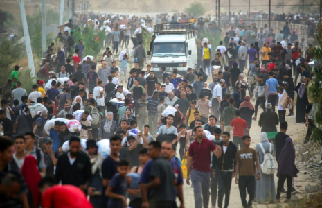 Des Palestiniens déplacés transportent des fournitures de secours distribuées par la Fondation humanitaire de Gaza (GHF), soutenue par les États-Unis, dans le centre de la bande de Gaza, le 8 juin 2025 ( AFP / Eyad BABA )