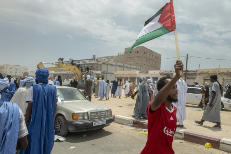 Un manifestant brandit un drapeau palestinien dans la capitale mauritanienne Nouakchott, le 7 avril 2025 ( AFP / MICHELE CATTANI )