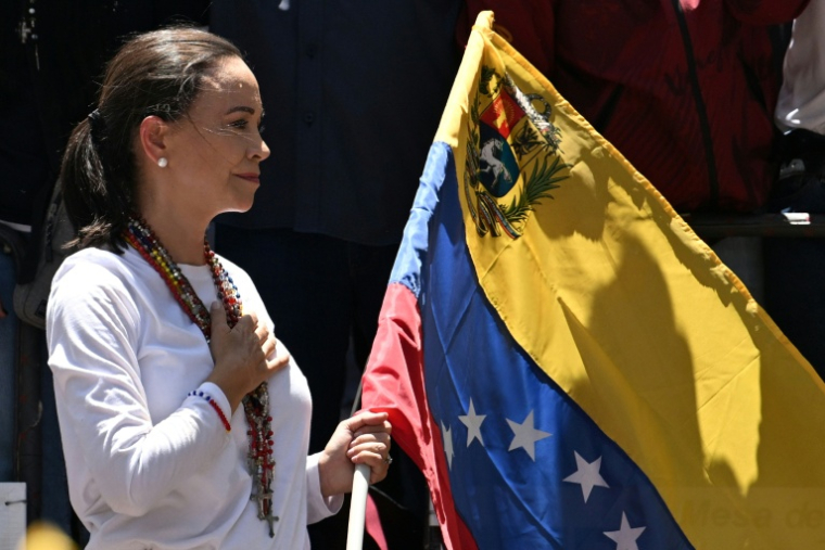 La dirigeante de l'opposition vénézuélienne Maria Corina Machado pendant une manifestation à Caracas, le 3 août 2024. ( AFP / Juan BARRETO )