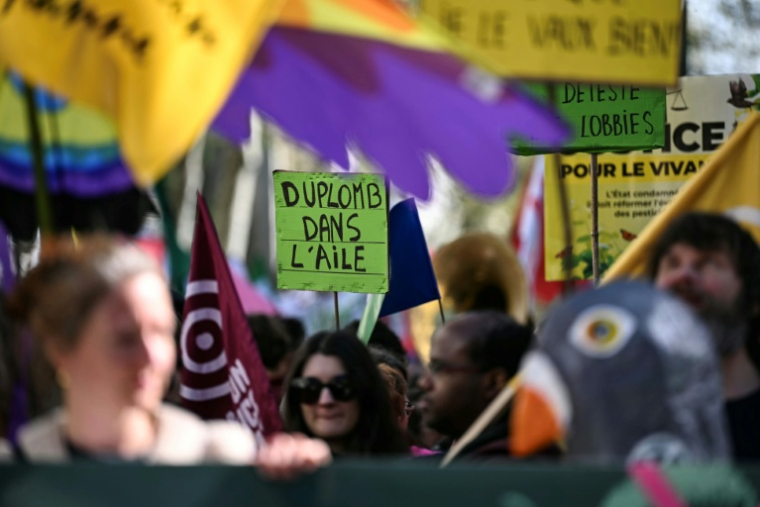 Une pancarte "Duplomb dans l'aile" d'un opposant à la loi Duplomb durant une manifestation contre l'usage des pesticides à Paris le 4 avril 2026 ( AFP / Anna KURTH )