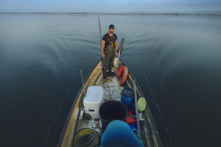 Le pêcheur Sébastien Gaubert sur l'étang de l'Ayrolle, à Gruissan, le 25 juin 2025 ( AFP / IDRISS BIGOU-GILLES )
