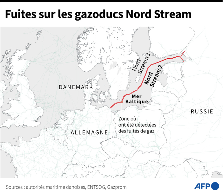 Carte de la zone où ont été détectées des fuites de gaz sur le parcours du gazoduc Nord Stream 1 et 2 ( AFP / )