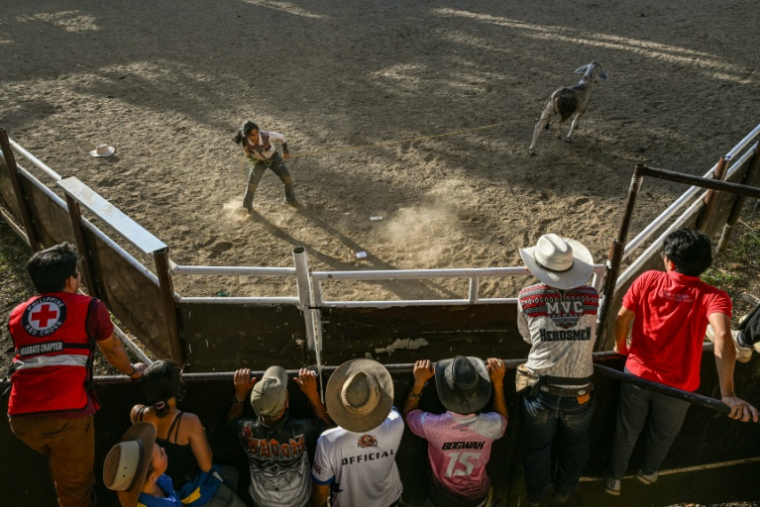 Une participante à une compétition de rodéo organisée dans la province philippine de Masbate, le 13 avril 2026 ( AFP / Jam STA ROSA )