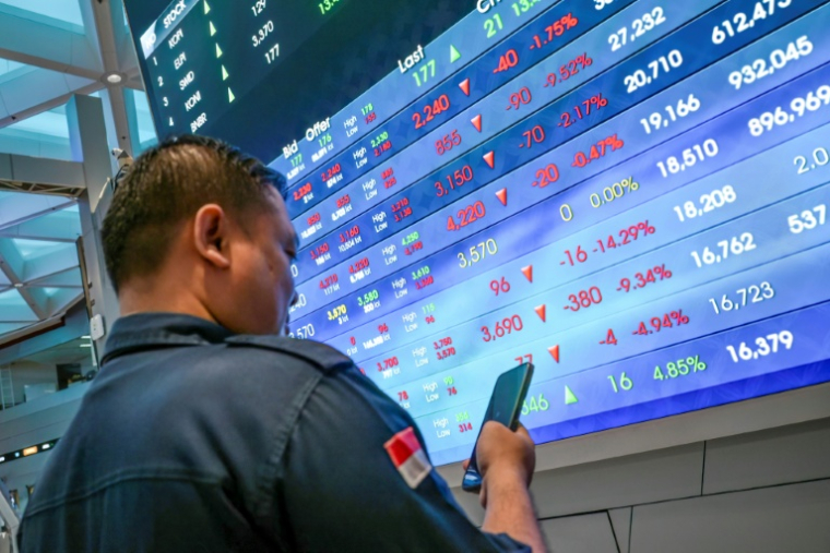 Un écran affiche l'indice composite indonésien (IHSG), qui a chuté de manière significative lors de l'ouverture du marché, dans le bâtiment de la Bourse de Jakarta, le 13 mai 2026 en Indonésie ( AFP / BAY ISMOYO )