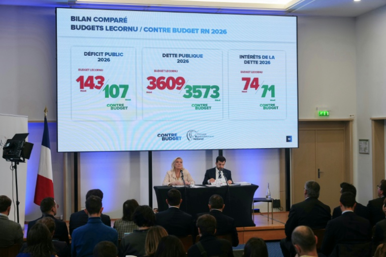 La présidente du groupe parlementaire du Rassemblement national, Marine Le Pen et le député du Rassemblement national, Jean-Philippe Tanguy, lors d'une conférence de presse pour présenter le contre-budget du RN pour le Plan de loi de finances 2025, le 23 octobre 2025 à Paris ( AFP / Dimitar DILKOFF )