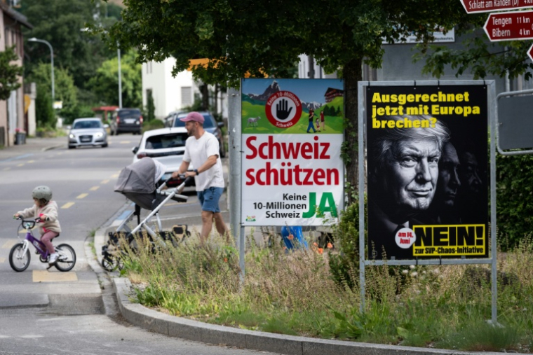 Affiches électorales avant le référendum sur l'immigration, le 1er juin 2026 à Thayngen, dans le nord de la Suisse ( AFP / SEBASTIEN BOZON )