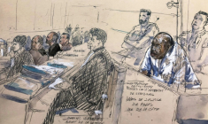 Croquis d'audience du 29 février 2024 montrant l'accusée Audrey Mondjehi (2e d) lors du procès de l'attentat du marché de Noël de Strasbourg en 2018, au palais de justice de Paris ( AFP / Benoit PEYRUCQ )