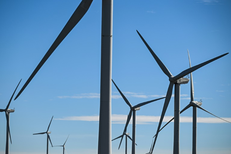Des éoliennes du parc d'Aumelas, le 12 mars 2025 dans l'Hérault ( AFP / GABRIEL BOUYS )