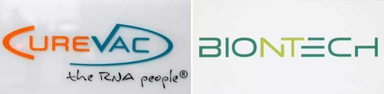 Logos des deux laboratoires allemands CureVac et BioNTech ( AFP / THOMAS KIENZLE )