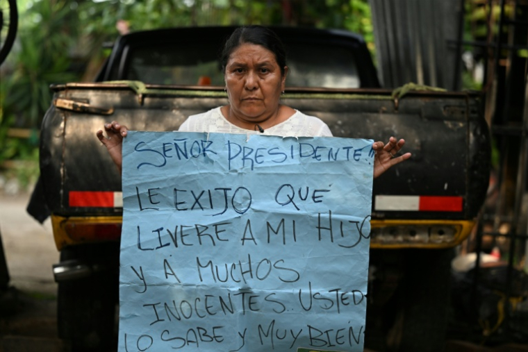 Juana Fuentes, 54 ans, tient une pancarte adressée au président Nayib Bukele demandant la libération de son fils Nelson Antonio Fuentes, 23 ans, emprisonné depuis avril 2022 sous l'état d'exception pour faire face aux gangs, à Mejicanos, au Salvador, le 20 août 2025  ( AFP / STRINGER )