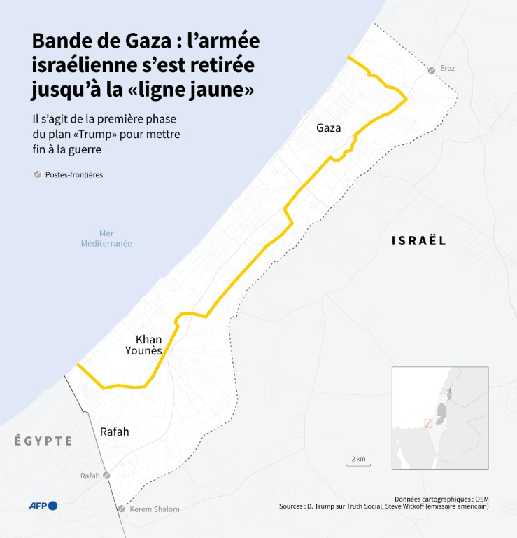 Carte de la bande de Gaza montrant la "ligne jaune" derrière laquelle se sont retirées le 10 octobre les troupes américaines, selon l'émissaire américain Steve Witkoff ( AFP / Omar KAMAL )