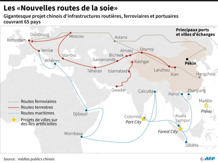 Carte des "Nouvelles routes de la soie",  gigantesque projet chinois d'infrastructures routières, ferroviaires et portuaires couvrant 65 pays ( AFP / Laurence CHU )