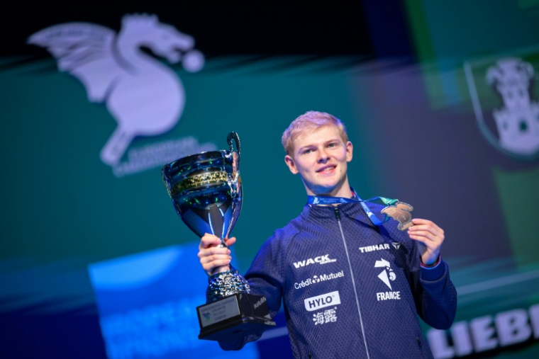 Le Français Félix Lebrun sacré champion d'Europe de tennis de table, le 18 octobre 2026 à Ljubljana ( AFP / Jure Makovec )