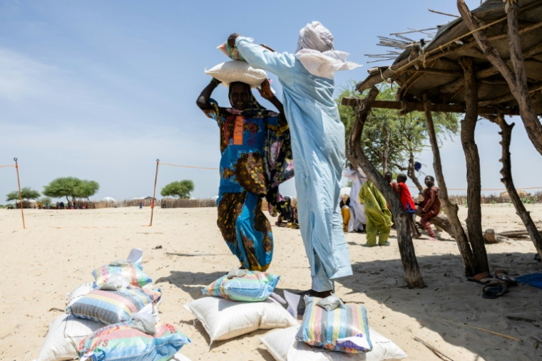 Une femme porte des sacs de maïs lors d'une distribution d'aide par le Comité international de la Croix-Rouge, dans un camp de déplacés à Kiskra, dans la province du lac Tchad, au Tchad, le 19 juin 2025 ( AFP / Joris Bolomey )
