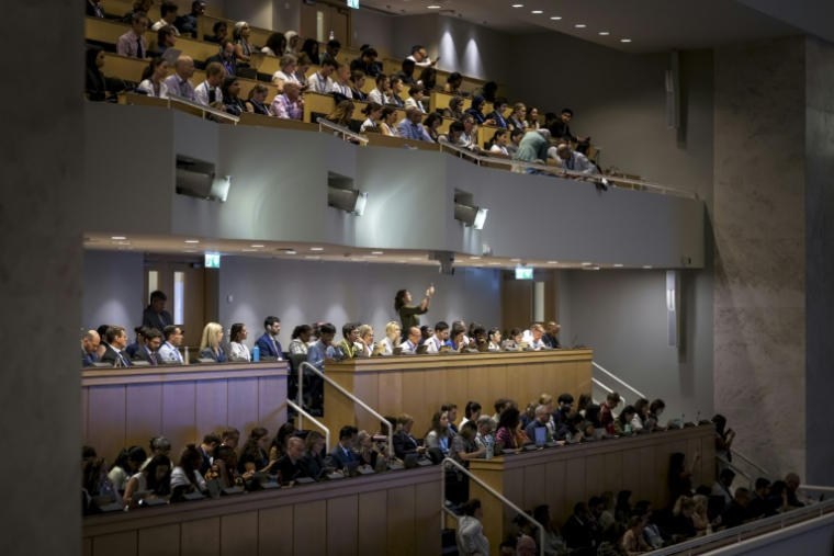 Les galeries de la grande salle pleniére du Palais des Nations de Genève (ONU) remplies lors d'une séance plénière à l'ouverture d'une session de négociation pour établir le premier traité contre la pollution plastique, le 5 aout 2025 ( AFP / Fabrice COFFRINI )