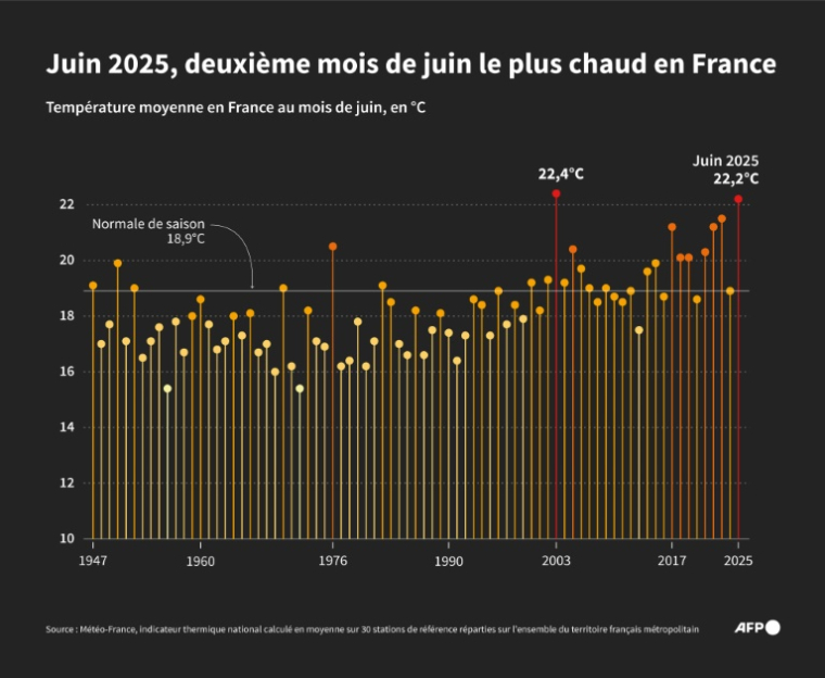 Température moyenne en France au mois de juin chaque année de 1947 à 2025, d'après les données de l'indicateur thermique national de Météo-France ( AFP / Valentin RAKOVSKY )