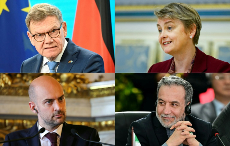 (De haut en bas, d-g) Montage de photos d'archives créé le 17 septembre 2025 du ministre allemand des Affaires étrangères Johann Wadephul, de la secrétaire d'État britannique aux Affaires étrangères Yvette Cooper, du ministre français de l'Europe et des Affaires étrangères Jean-Noël Barrot et du ministre iranien des Affaires étrangères Abbas Araghchi ( AFP / Tobias SCHWARZ )
