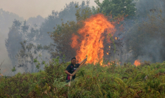 Un pompier éteint un incendie dans le village de Sungai Tabuk, dans la province de Kalimantan du Sud, le 16 octobre 2026 en Indonésie ( AFP / MUDA SAGALA )