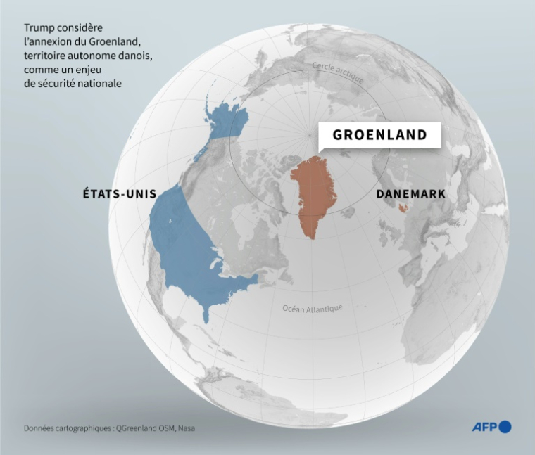 Carte montrant le Groenland, les Etats-Unis et le Danemark ( AFP / Guillermo RIVAS PACHECO )