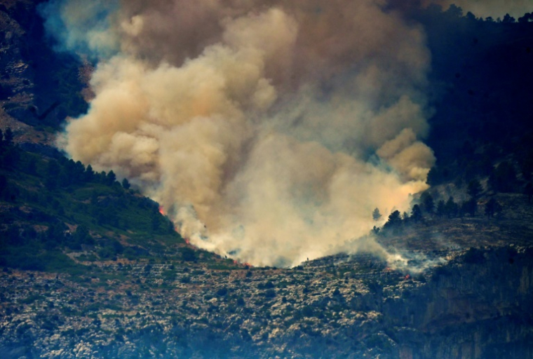 Les fumées de l'incendie de forêt près de Tarragone, le 8 juillet 2025 en Espagne ( AFP / JOSE JORDAN )