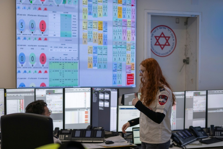 Des secouristes au centre de répartition national du Magen David Adom, l'équivalent israélien de la Croix-Rouge, le 5 mars 2026 à Ramla, en Israël ( AFP / Ilia YEFIMOVICH )