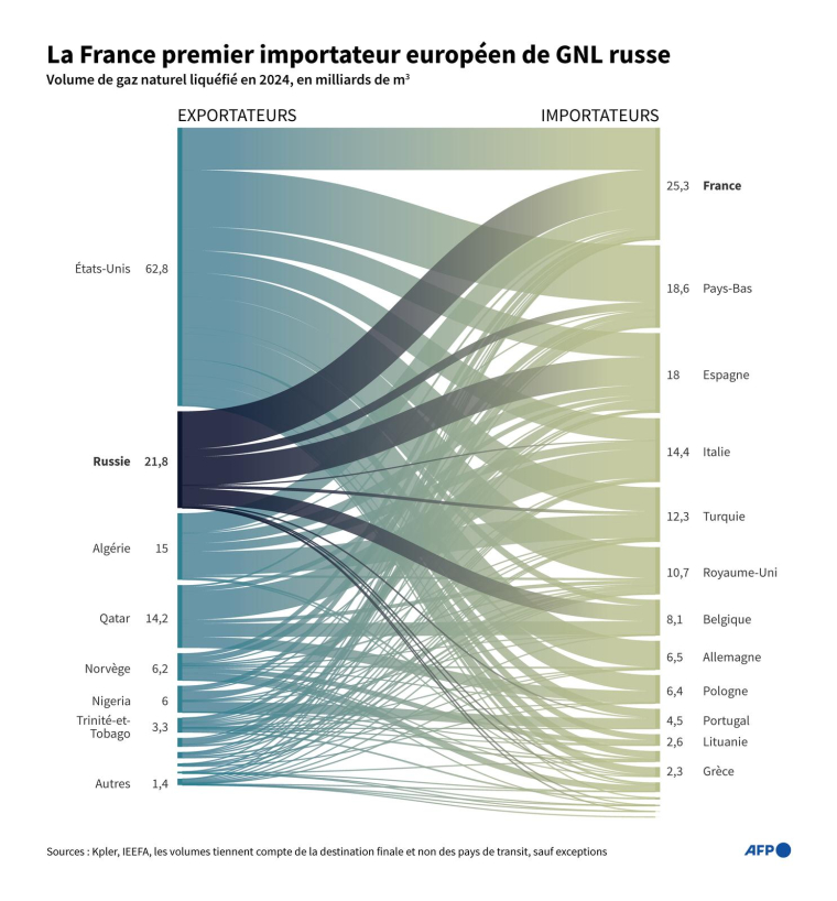 Graphique montrant les volumes de gaz naturel liquéfiés (GNL) exportés en 2024 vers les pays européens ( AFP / Sylvie HUSSON )