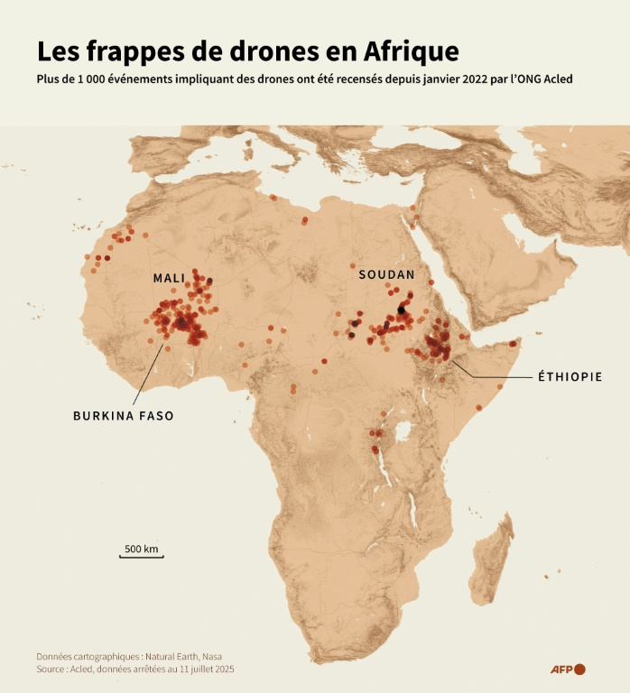 Carte d'Afrique montrant les frappes de drones par localité, depuis le 1er janvier 2022, selon les données de l'ONG Acled ( AFP / Cléa PÉCULIER )