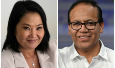 (ARCHIVES) Montage réalisé le 13 mai 2026 montrant Keiko Fujimori (gauche), lors d'un entretien à l'AFP à Lima le 10 avril 2026, et Roberto Sánchez, lors d'un débat dans le cadre de la campagne électorale présidentielle, le 24 mars 2026 ( AFP / Ernesto BENAVIDES )