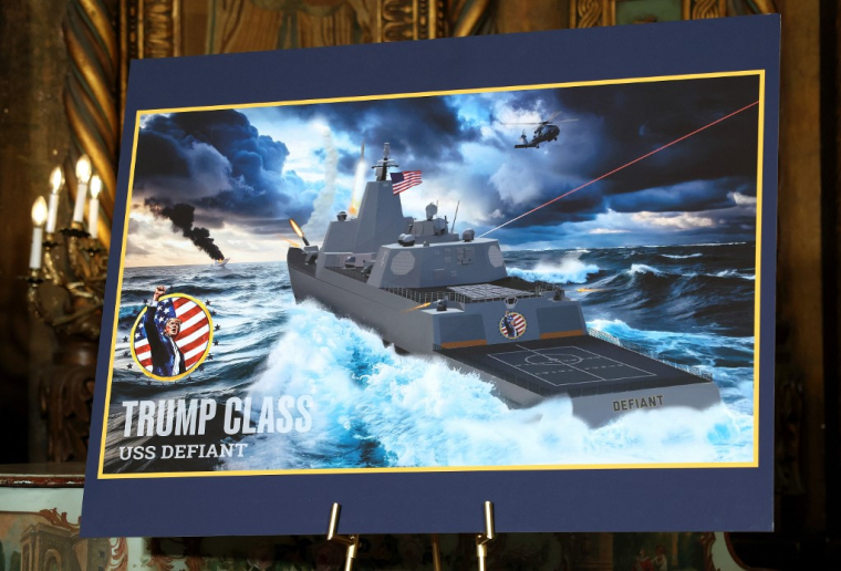 Une affiche présentant une navire de "classe Trump" à Palm Beach, aux États-Unis, le 22 décembre 2025. ( GETTY IMAGES NORTH AMERICA / TASOS KATOPODIS )