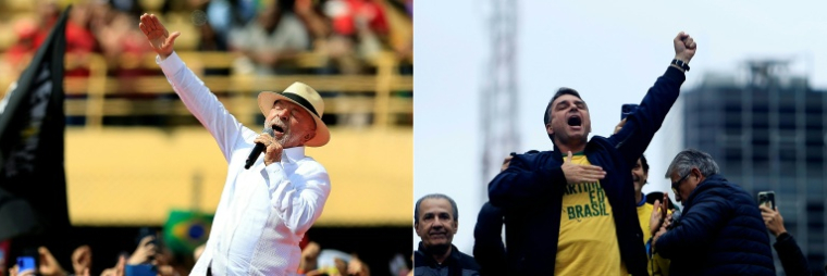 Combinaison d'images réalisée le 29 septembre 2026 présentant à gauche le président brésilien Luiz Inacio Lula da Silva à Sao Bernardo do Campo, le 16 août 2026, et à droite le candidate à la présidentielle Flavio Bolsonaro, à Sao Paulo, le 7 septembre 2026 ( AFP / Miguel SCHINCARIOL )