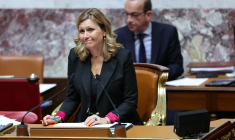 Yaël Braun-Pivet à Paris, le 12 mars 2024. ( AFP / THOMAS SAMSON )