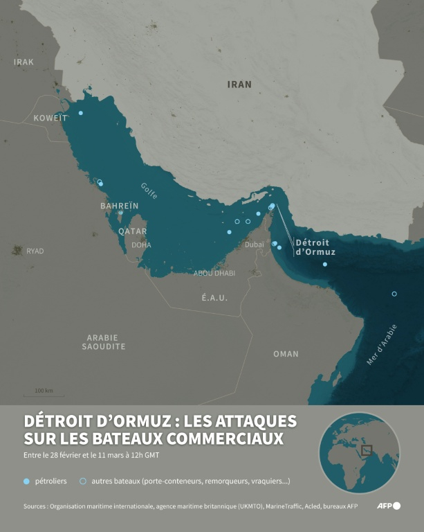 Carte du Golfe et du détroit d'Ormuz localisant les attaques sur des bateaux commerciaux entre le 28 février et le 11 mars à 12h GMT ( AFP / Sabrina BLANCHARD )