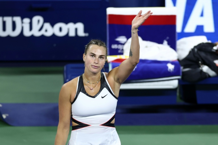 Aryna Sabalenka célèbre sa victoire contre l'Espagnole Cristina Bucsa, le 31 août 2025 à New York ( AFP / CHARLY TRIBALLEAU )