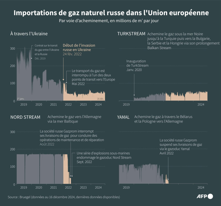 Importations de gaz naturel russe de l'Union européenne depuis 2019, par voie d'acheminement, selon les données de Bruegel ( AFP / Lise KIENNEMANN )