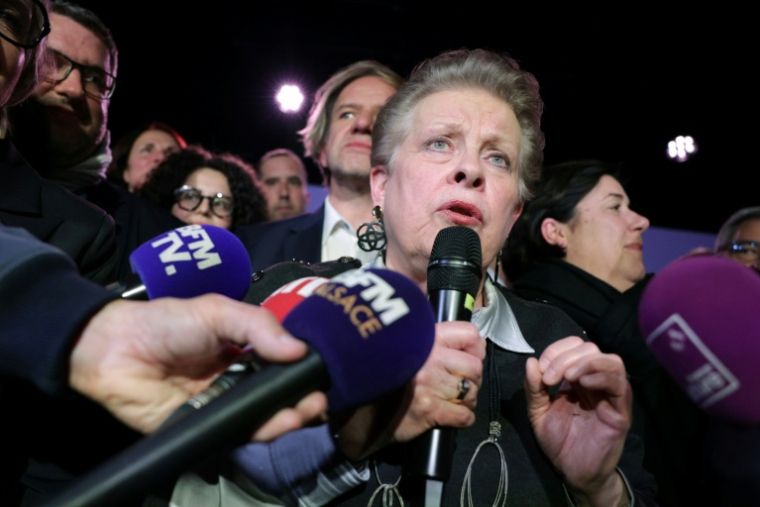 La candidate du PS à la mairie de Strasbourg, Catherine Trautmann, fait une déclaration après sa victoire au 2e tour des municipales, le 22 mars 2026 à Strasbourg, dans le Bas-Rhin ( AFP / Romeo BOETZLE )
