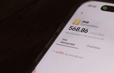 Image d'illustration d'un smartphone affichant un cours de la cryptomonnaie BNB, en juillet 2026 ( AFP / Lou BENOIST )